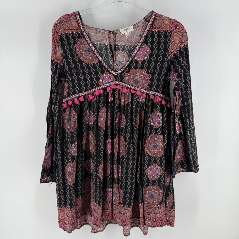 Umgee Babydoll Dress Womens Small Multicolor Geometric Gypsy Tassel Keyhole Back